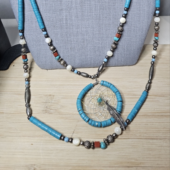 Vintage Native American 925 Turquoise Beaded multi strand Necklace - Picture 4 of 8